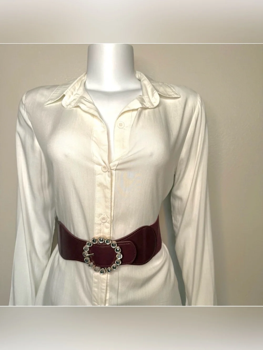 Burgundy PU leather circle buckle rhinestone details elastic waistband belt